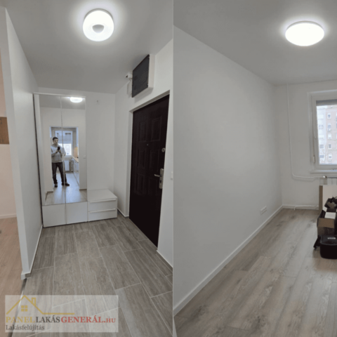 Panel lakás előszobája beépített szekrénnyel, modern kialakítással és rendezett tárolóhelyekkel