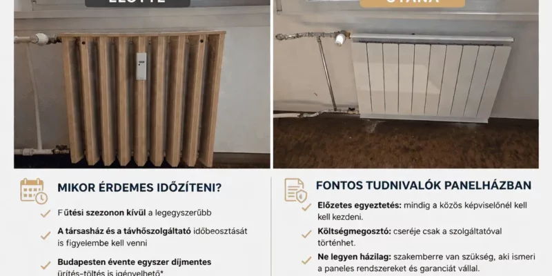Panel radiátor csere panelházban: régi radiátor és új lapradiátor összehasonlítása előtte-utána